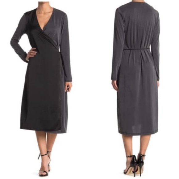 Black & Gray Dual Toned Midi Wrap Long Sleeve Dress L - NEW - Picture 1 of 9